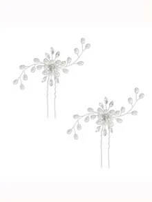 1pc Silver-Tone Faux Pearl & Rhinestone Decor Bridal Hair Clip, Floral U-Shaped Hair Accessory Suitable For Wedding And Party,Summer,Beach - Silver - View 11