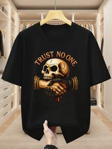 Camiseta de manga corta para hombre de talla grande, 100% algodón, con diseño gráfico de calavera y apretón de manos, que muestra individualidad con un diseño único y moderno.Camiseta cómoda y casual de manga corta para el verano, TALLA GRANDE - Negro - Ver 12