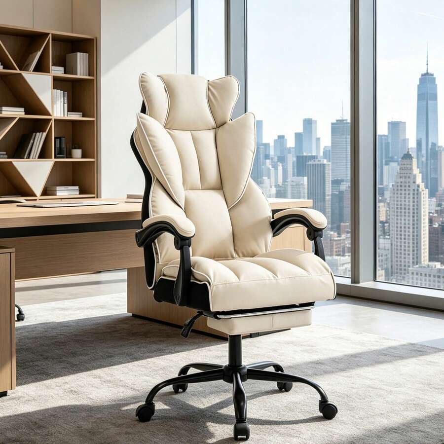 AJWF Thickened Cushion Vanity Chair, Ergonomic Office Chair, Adjustable Footrest Computer Chair, Suitable For Entertainment And Office - Beige + White - View 1