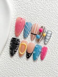 10Pcs Cool And Edgy Design Style Handmade Nail Art Set,Unghie Press On,Stripes, Polka Dots And Hand Molded Colorful Spheres Nail Art Decorations,Pink, Blue, White, Black And Yellow Nail Polish,Fresh And Stylish,Comes With Nail Tools(1 Sheets Jelly Stickers+1PC Nail File)3 Sizes Available,Almond Nails, Duck Nails,Coffin Nails,Suitable For Reunion,Daily,Party,Photograph,Play,Spring Summer,Commute Supplies Nails - 彩色 - 查看 11