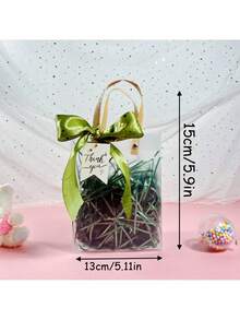 1套/1个婚礼礼品袋套装，红/绿/粉三色磨砂透明手柄，配宽丝带蝴蝶结和拉菲草，优雅小礼品袋，回礼包装袋，礼品包装手提袋，适用于婚礼礼物、回礼、生日派对包装、新娘送礼会等场合。 - A款 - 查看 9