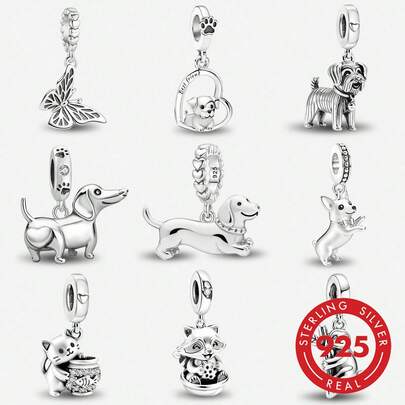 1 pieza Pulsera de plata de ley 925 con dije de corazón y perro salchicha, manualidades de joyería, accesorio diario para mujeres y niñas