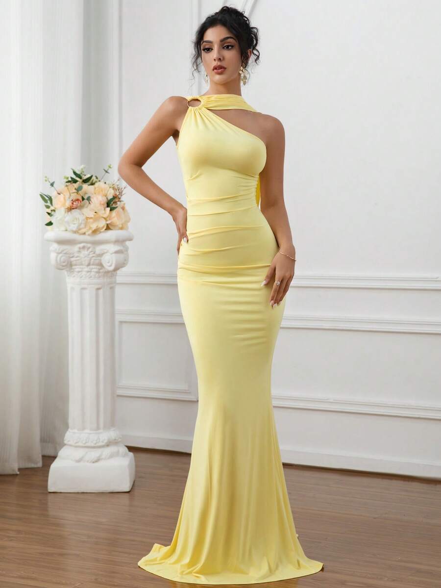 Off-Shoulder Ruffle Mermaid Maxi Dress, Elegant Sleeveless High Neck Fitted Evening Gown With Pleated Design, Suitable For Wedding Guests, Parties, Galas - Yellow - View 1