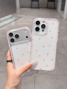 1pc Minimalist Transparent Back Pink Frame 2-In-1 Dopamine Shock-Proof Anti-Fall TPU Phone Case With Cute Pink Heart UV Print - Pink - View 5