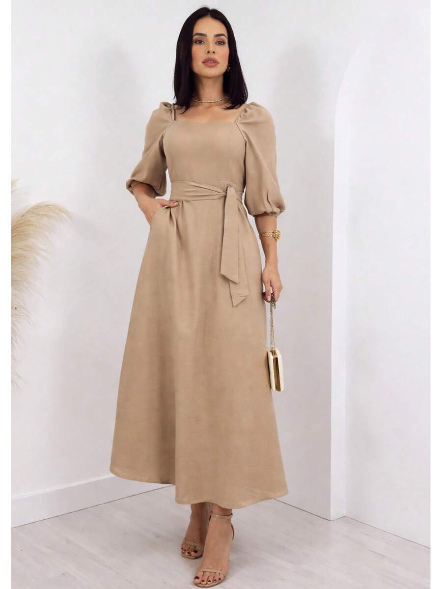 Women's Elegant Wide Dress With 3/4 Sleeve, A-Line Cut, Adjustable Waist And Square Neckline – Fashion Casual Chic Spring Summer Casual Elegant And Casual Fabric - 米色 - 查看 1