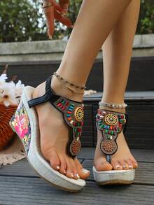 Women's New Elegant Bohemian Style Wedge Slip-On Sandals With Elastic Band, Hard-Wearing Non-Slip Comfortable Platform Sandals For Spring And Summer - Black - View 4