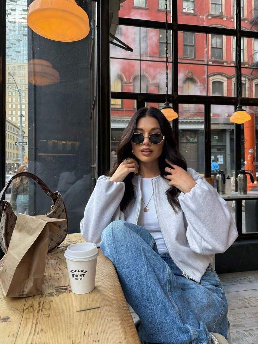2026 Spring/Summer Best Sellers Simple Versatile Daily Solid Color Zip-Up Short With Pockets, Soft Zip-Up Long Sleeve, Women Casual Full Set Long Sleeve Outerwear, Autumn/Winter Spring(Sequins/Rhinestones/Wedding Guest/Bodycon) - 灰色 - 查看 1