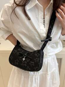 Tas Bahu Motif Botani Baru Warna Polos yang Modis dan Serbaguna, Tas Persegi Kecil Baguette Minimalis Kasual untuk Wanita - Hitam - View 4