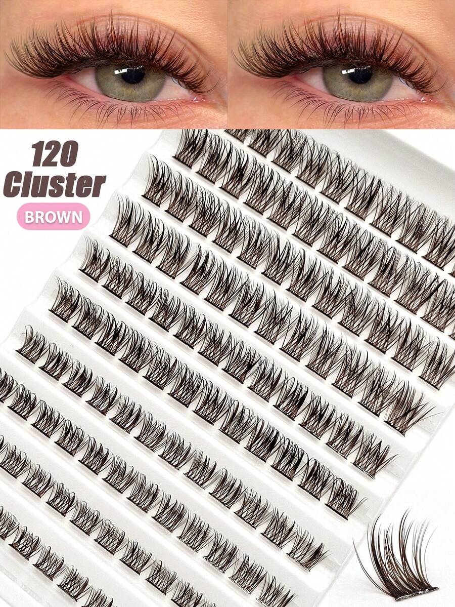 10 Rows 120 Clusters D Curl Brown Eyelash Extensions Mixed Sizes, Fluffy & Lively False Eyelashes, Natural Single Lash Extensions DIY Home Use, Suitable For Daily Makeup, Can Be Paired With Nude Makeup, No-Makeup Look Or Fresh Makeup - D - View 1