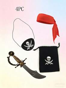 Un ensemble de 4 pièces (couteau de pirate, foulard, cache-œil, sac de pièces d'or de pirate) de accessoires de jeu de rôle de pirate, convenant pour le jeu de rôle, les accessoires de costume de pirate, les accessoires pour la prise de photos, les accessoires de costume de fête et les cadeaux de festival. - Multicolore - Voir 1