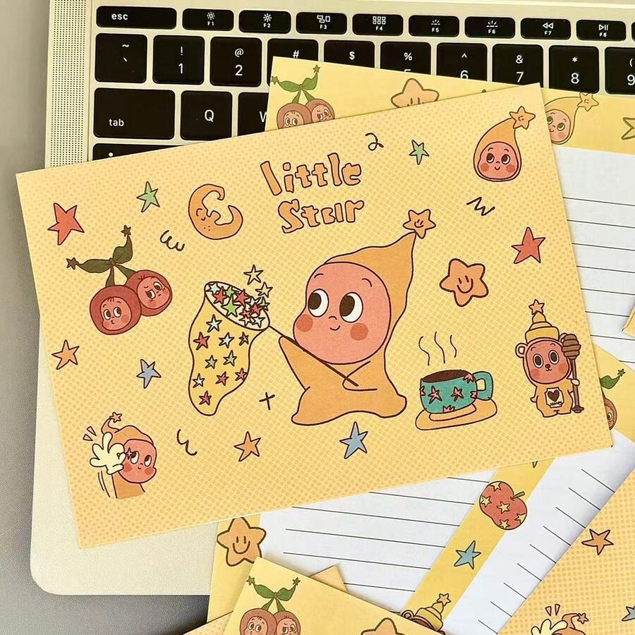 Bộ 4 phong bì hình ngôi sao hoạt hình + 4 tờ giấy viết thư, thiệp chúc mừng viết tay dễ thương, quà tặng. - Bộ - Xem 1