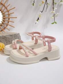 FVPFVP Giày sandal đế xuồng cao vừa phải, đính ngọc trai giả, kiểu dáng La Mã, thời trang, đa năng, đế dày, hợp xu hướng mùa hè 2024 dành cho nữ. - Màu Hồng baby - Xem 8