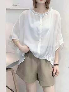 Loose Batwing Sleeve Flattering Linen Shirt White - White - View 4