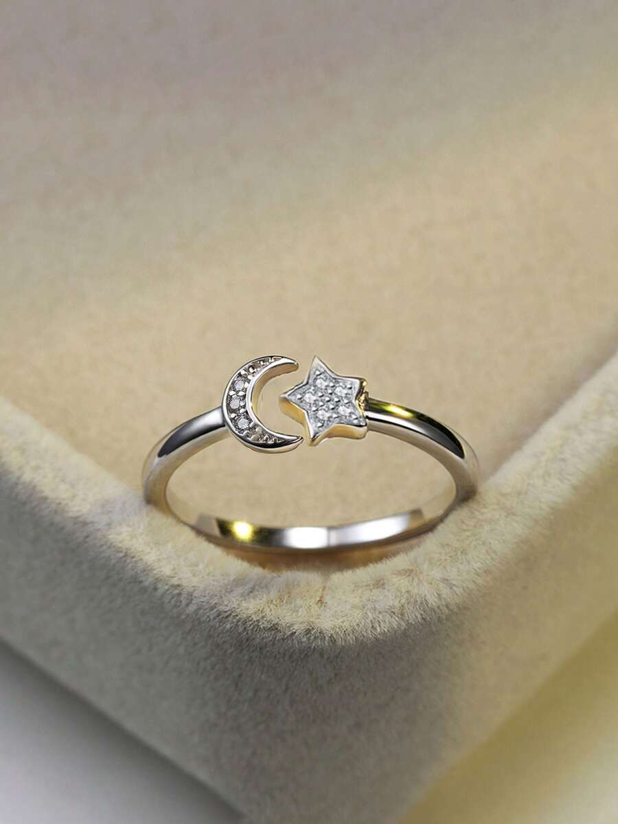 1 pieza Anillo abierto ajustable de plata de ley S925 con diseño de estrella y luna, diseño romántico y elegante, minimalista y de moda fresca con sensación de alta gama, anillo de estrella y luna perfecto para uso diario o como regalo para ella - estrellas y luna - Ver 1
