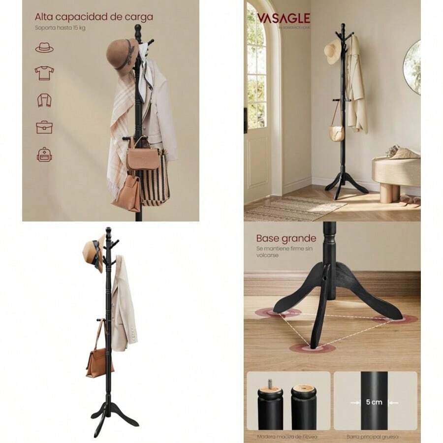 VASAGLE URCR003B01 - Perchero y soporte de madera maciza con 10 ganchos para sombreros bolsos bolsos para entrada pasillo madera de hule - Tinta negra - Ver 1
