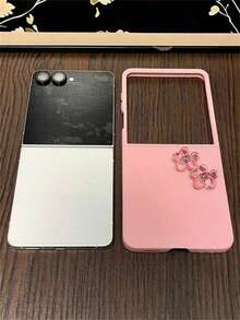 Shiny 3D Rhinestone Flower Pink Matte Folding Phone Case Compatible With Samsung Galaxy Z Flip 7 ZFlip6 ZFLIP5 Z Flip 4 Zflip3 5G Spring Cute Skin Feeling Solid Color Protect PC Hard Back Cover - Pink - View 5