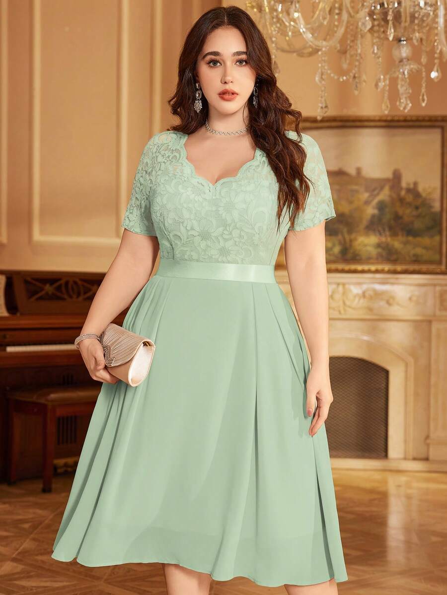 V-Neck Ruffle Lace Printed Chiffon A-Line Swing Dress, Summer Casual Dress Suitable For Birthday, Graduation, Back To School Occasions - Mint Green - View 1