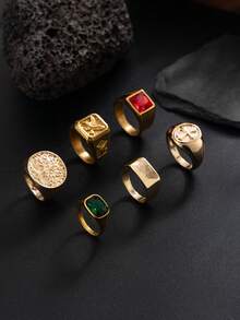 6pcs Vintage Gold Stamp Rings, Men's Punk Style Colorful Stacking Rings, Hip Hop Personalized Accessories - Gold - View 6