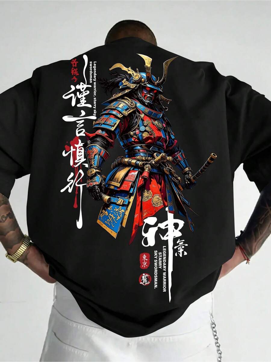 Samurai Legend, Men's Casual Sport Streetwear Y2K Japanese Style Street Samurai Legend Personality Cool Pattern Print Short Sleeve T-Shirt Men's 100% Cotton "Form-Fitting Short-Sleeved Round-Neck Summer Classic Streetwear For Both Men And Women. Formal Style Clothing T-Shirt. Large Size S - 5XL" - 黑色 - 查看 1