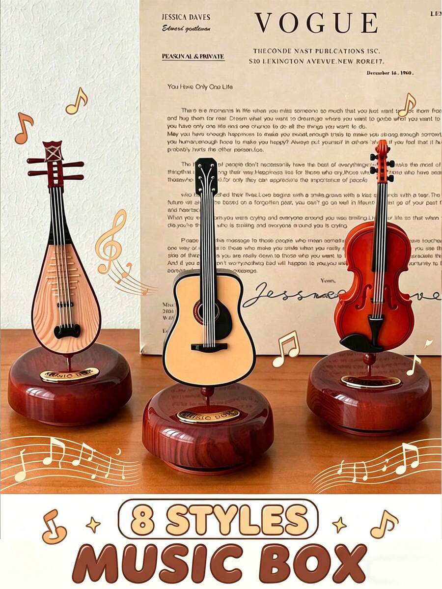 1pc New Rotating Violin Music Box, Lute Shaped Creative Home Decor, Room Decoration, Small Instrument Gift, 8-Sided Wind-Up Music Box, Birthday Gift, Gift For Her, Easter Gift