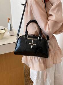 1pc Fashionable Women's Elegant Handbag, Shoulder Bag & Crossbody Bowling Bag, Solid Color PU Patchwork Design With Metal Hardware & Printed Decor, Versatile For Outings, Shopping, Dates - Black - View 3