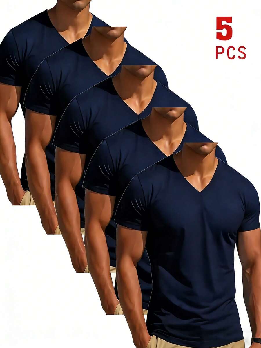 5件套男士夏季休闲百搭简约海军蓝V领短袖T恤套装 - 藏蓝色 - 查看 1