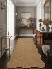 1pc Brown Faux Jute Material Wavy Edge Hallway Runner Rug, Pet-Friendly, Scratch-Resistant, Durable, Classic Fashion, Suitable For Living Room, Entryway, Laundry Room, Hallway, Bedroom, Kitchen, Dining Room, Indoor All-Season Stylish Home Decor Mat, Washable Non-Slip, Suitable For Home Use As Hallway Rug, Bedroom Rug, Kitchen Rug, Bedside Rug, Home Decor, Kitchen Decor. - Brown - View 3