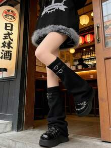 1双女士护腿套，Y2K风格，洛丽塔风格 - 爱心扣喇叭针织袜，过膝长筒袜，黑白配色，适合可爱JK洛丽塔Y2K哥特风，防滑加厚保暖，秋冬春秋圣诞节万圣节日常可爱礼物 - 黑色 - 查看 8
