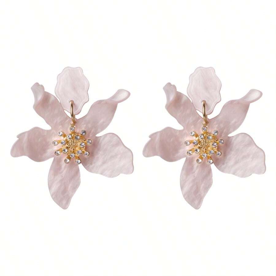 1 Pair Long Resin Flower Drop Earrings, Bohemian Elegant Charm Dangle Earrings, Fashion Jewelry Gift For Women, Girls, Friends, Suitable For Daily Wear, Party, Travel - KE51-12 - View 1