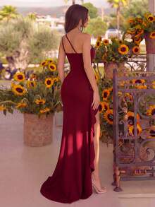 ADYCE Elegant One Shoulder Vintage Flowing Ruffled Front Split Thigh Long Dress For Ball And Evening Date Night Wedding Guest Back To School Summer Party - Burgundy - View 2