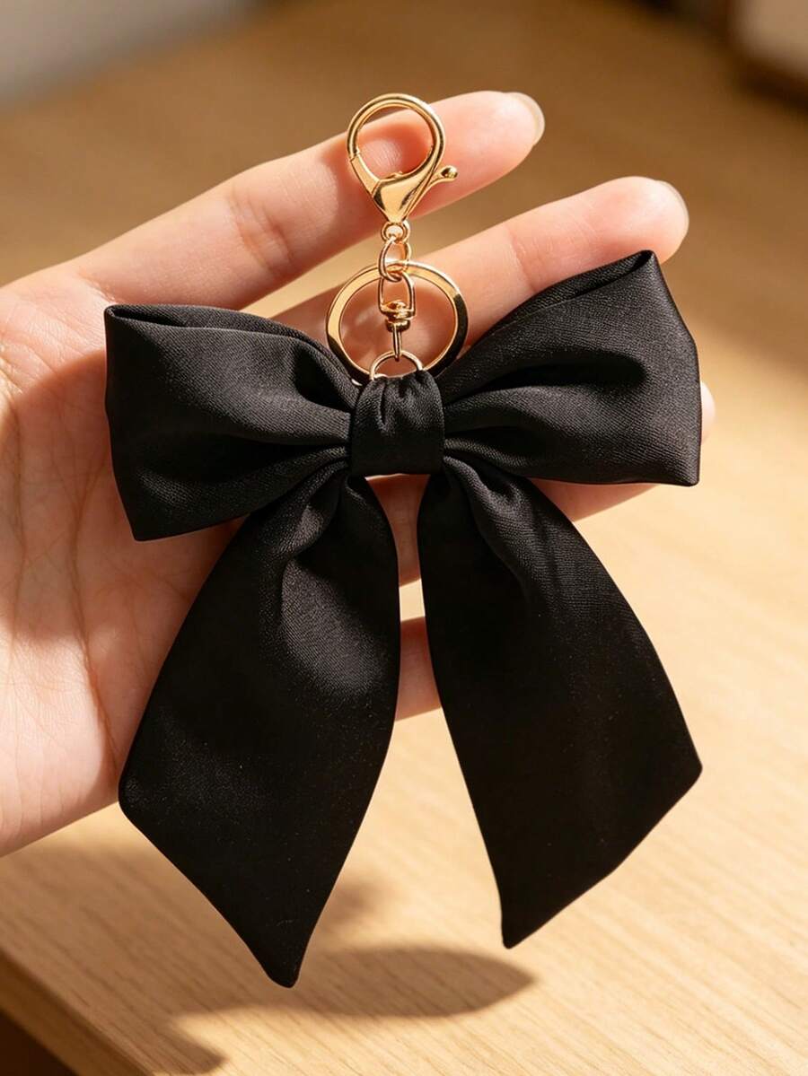 1pc Solid Color Double-Sided Satin Bow Keychain Pendant Bag Charm Keyring, Polyester Fiber Cute & Elegant Zinc Alloy, Bohemian Style - Black - View 1