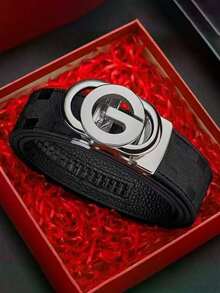 1pc Men's High-Quality Leather Belt With Letter Buckle, Embossed Plaid Pattern, Versatile For Business And Casual Wear, Fashionable And - Multicolor - View 9