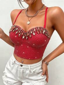 Áo croptop hở lưng đính đá, kim cương và ngọc trai gợi cảm, áo vest ôm sát tôn dáng cao cấp đa năng dành cho nữ. - Đỏ - Xem 3