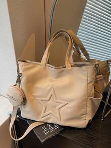 Túi tote vải canvas họa tiết ngôi sao thời trang mới, kiểu dáng thường ngày, có ngăn đựng tiền xu, dành cho nữ, túi công sở, túi vải canvas. - Màu Khaki - Xem 6
