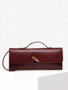 Women's Retro Minimalist Faux Woven Texture Angora Red Vintage Flap Lock Large Capacity Clutch Handbag, Shoulder Bag For Parties, Outings And Daily Use - Màu Đỏ Sâu - Xem 2