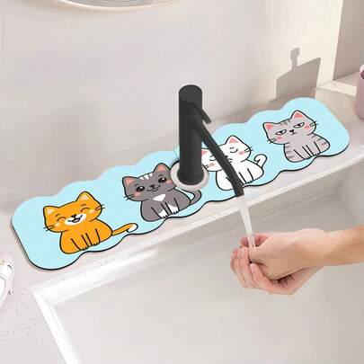 1件装蓝色背景四格猫脸图案水龙头垫，可作洗碗垫、吸水垫，适用于家用浴室水槽、厨房水槽，兼具装饰和礼品功能。