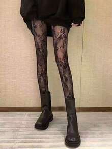 1双黑白蕾丝网眼连裤袜，女士提花连裤袜，适合春秋季穿着 - 彩色 - 查看 7