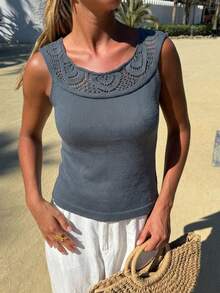 Áo vest dệt kim trơn màu thanh lịch dành cho nữ, không tay, cổ tròn, khoét lỗ, kiểu dáng thường ngày, công sở, đi nghỉ mát, mùa xuân hè. - Xám - Xem 5