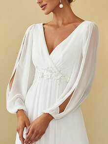 V-Neck Slit Lantern Sleeve Embroidered White Dress, Suitable For Wedding, Party, Bridal Shower, Engagement, Spring/Summer - White - View 5