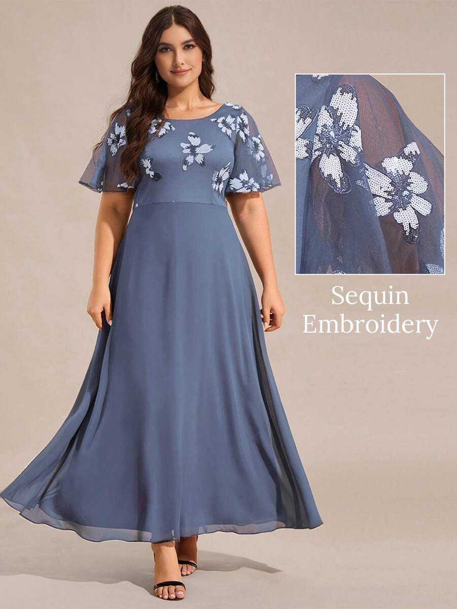 EVERPRETTY Elegant Round Neck Floral Beaded Embroidery Summer Formal Dress, Suitable For Mother Of The Bride Vacation Wedding Party