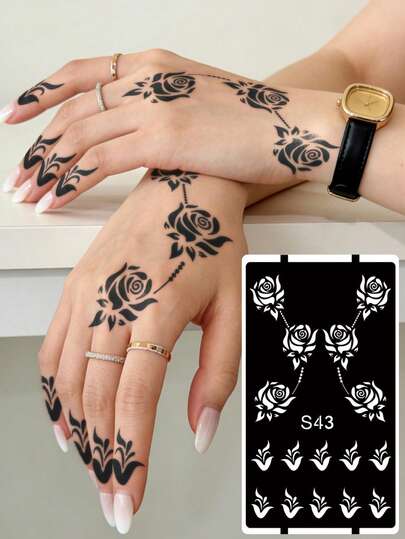 Hana Hand-Drawn Hollow Floral Tattoo Stencil - Sexy Floral Pattern, Suitable For Hands, DIY Painting, Ink, Reusable Mandala Design Template Stickers, Suitable For Women Body Party Makeup