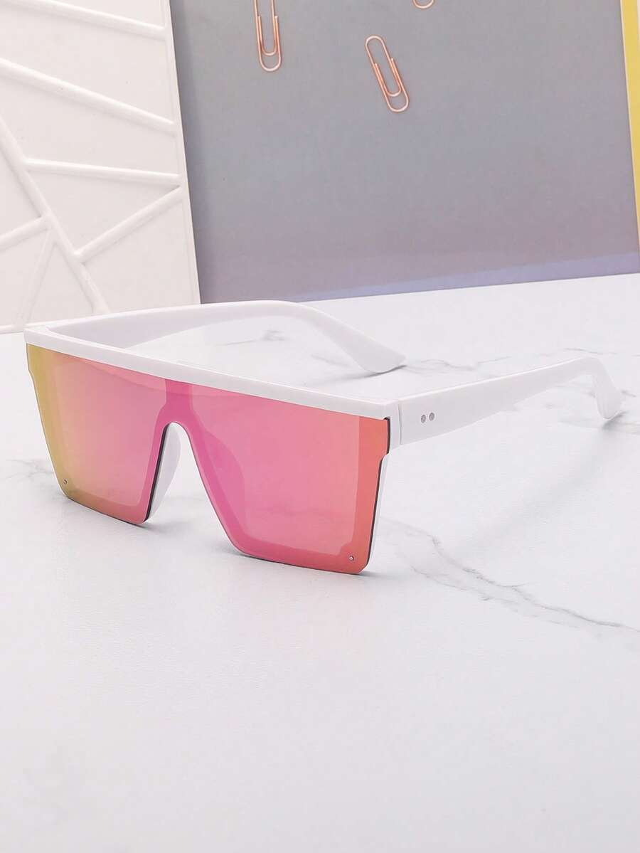 1pc Square Large Frame Rivet Connected Mirrored Fashion Glasses, Unisex Fashion Glasses Suitable For Street, Beach, Party, Travel, Gift For Women - White Frame Purple Film - View 1