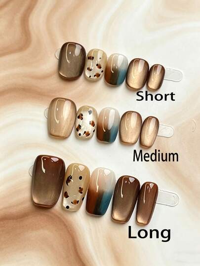 10片手工制作可佩戴美甲贴，美拉德棕色猫眼豹纹假指甲，渐变手工美甲，多功能通勤可拆卸按压式美甲贴纸