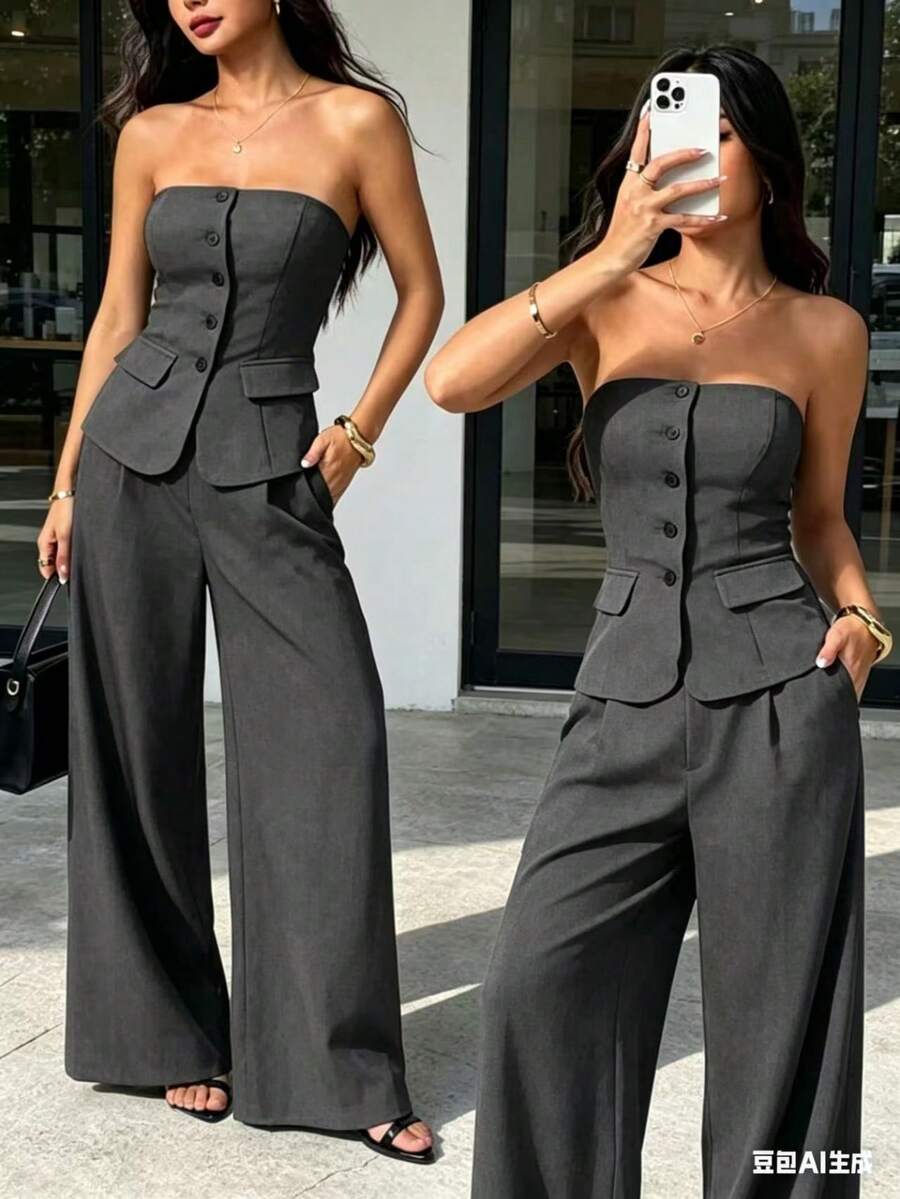 Strapless Bustier Set With Wide Leg Pants - Elegant Style For Women - Grey - View 1