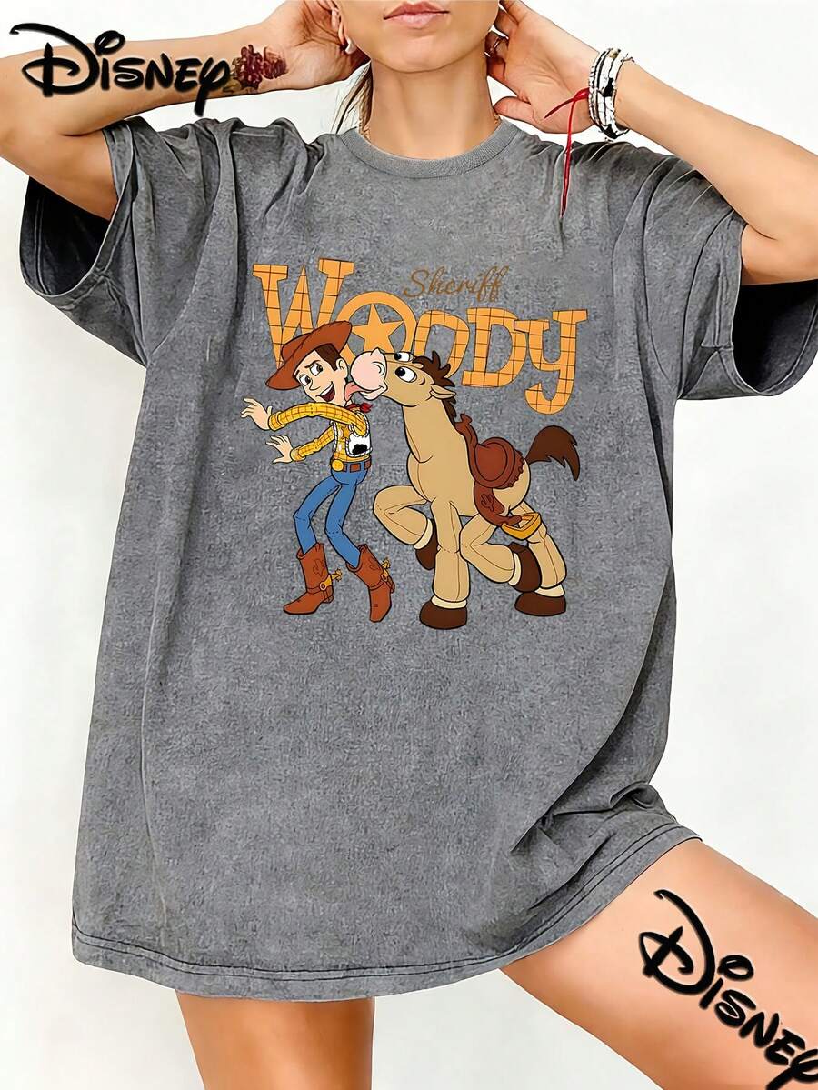 Disney Toy Story Sheriff Woody And Bullseye Vintage Washed Black Oversized Cotton T-Shirt, Retro Loose Fit Tee For Women Men, Perfect For Disney Fans, Daily Wear & Gift - Grey - View 1