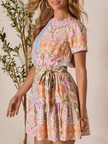Lässiges A-Linien-Kleid mit Blumenmuster, Bohemian-Stil, Frühling/Sommer Neuheit, Party, Urlaub, Picknick, mit Gürtel, elegant für den Urlaub - Verschiedenfarbig - Übersicht 2