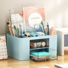 1pc Desk Storage Box With Drawer - Stationery Organizer Box, Plastic Pen And Accessory Storage Box, Multi-Compartment Office Supply Organizer, Pen Holder, Cute Desk Organizer Suitable For Children, Girls, Elementary Students, Multi-Functional Large Capacity Pencil Case - Pink - View 3
