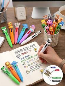 24pcs Cute Animal Shaped Multicolor Neutral Pens, 4-In-1 Multifunction Solid Color Ballpoint Pens, Including Rabbit, Cow, Frog, Elephant, Tiger, Lion, Monkey, Etc. Fun Gift Set Suitable For Classroom Rewards, Student Marking And Differentiation, Office Use - Animal Solid Color Pen Barrel Four-color Pen - View 7
