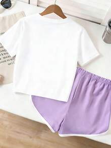 2pcs/Set Young Girls' Casual Loose Heart Face Graffiti Print T-Shirt Shorts Set, Suitable For Summer, Perfect For Family Outings, Outdoor Activities - 淡紫色 - 查看 2