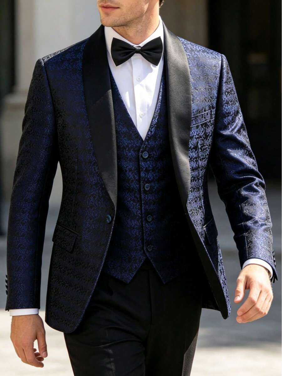 Bộ vest nam 3 mảnh cổ ve áo choàng, chất liệu jacquard, gồm áo blazer và quần tây, thích hợp cho đám cưới, dạ hội. - Màu xanh hải quân - Xem 1
